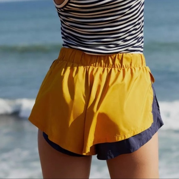Free People Movement Run For It Mustard Yellow and Navy Shorts NWOT - Picture 5 of 10